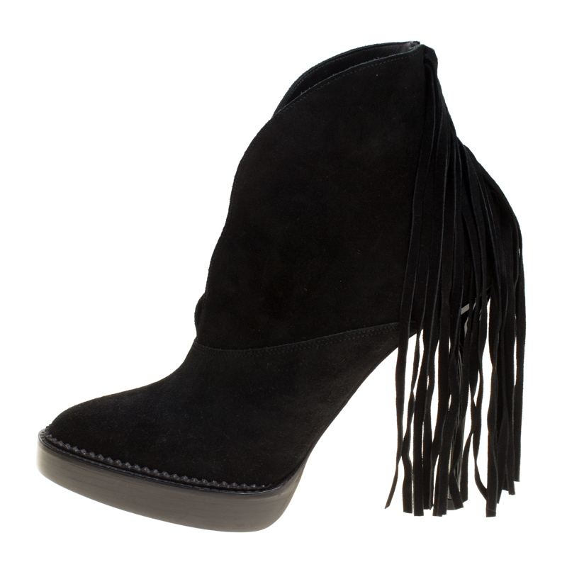 Pre Owned Burberry Prorsum Black Fringed Suede Nadie Ankle Boots Size 39