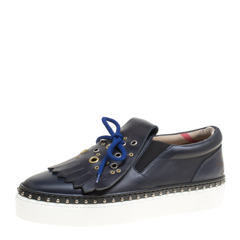 Burberry Navy Blue Leather Kiltie Fringe Slip On Sneakers Size  38.5