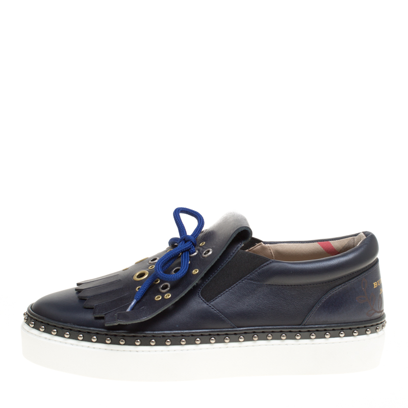 

Burberry Navy Blue Leather Kiltie Fringe Slip On Sneakers Size