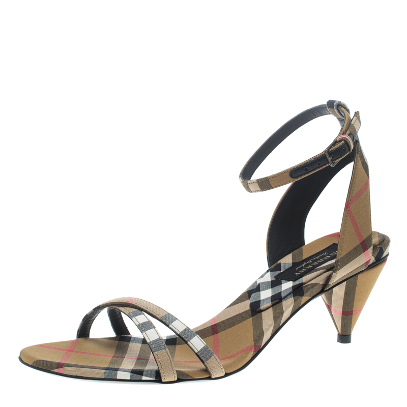 Burberry Beige Novacheck Fabric Hansel Cross Strap Cone Heel Open Toe Sandals Size 38.5