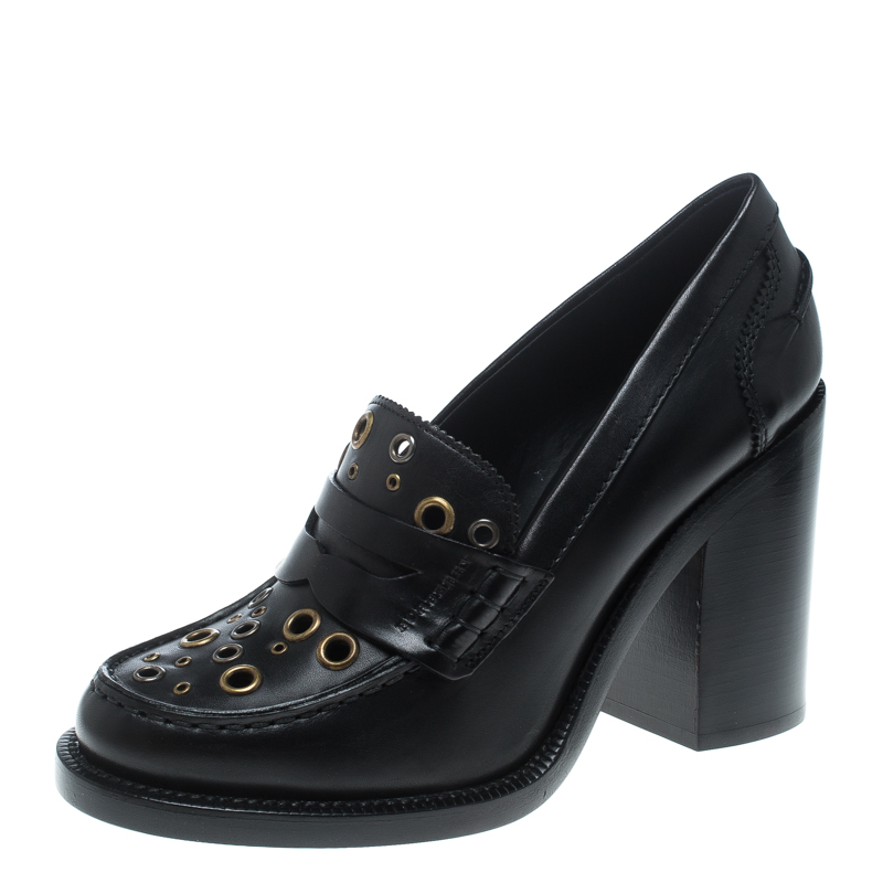 Burberry Black Leather Bedmont Eyelet Detail Penny Loafer Pumps Size 39