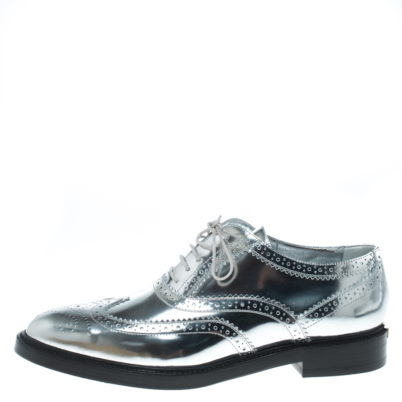 

Burberry Metallic Silver Brogue Leather Gennie Lace Up Oxfords Size