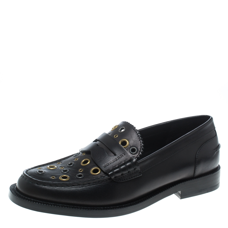 Pre Owned Burberry Black Leather Bedmont Eyelet Detail Penny Loafers Size 37