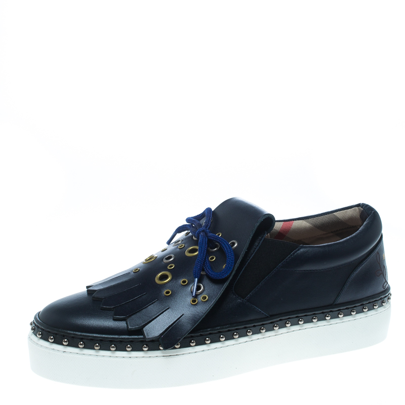 Burberry Navy Blue Leather Kiltie Fringe Slip On Sneakers Size  38