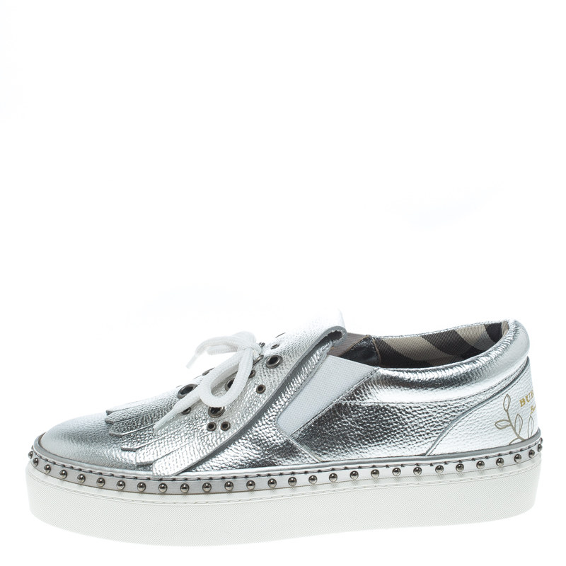 

Burberry Metallic Silver Kiltie Fringe Detail Slip On Sneakers Size