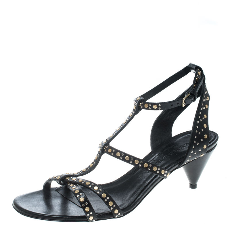 مملوكة مسبقًا صندل بربري سير T كعب مخروطي هانسل مرصع جلد أسود مقاس 37