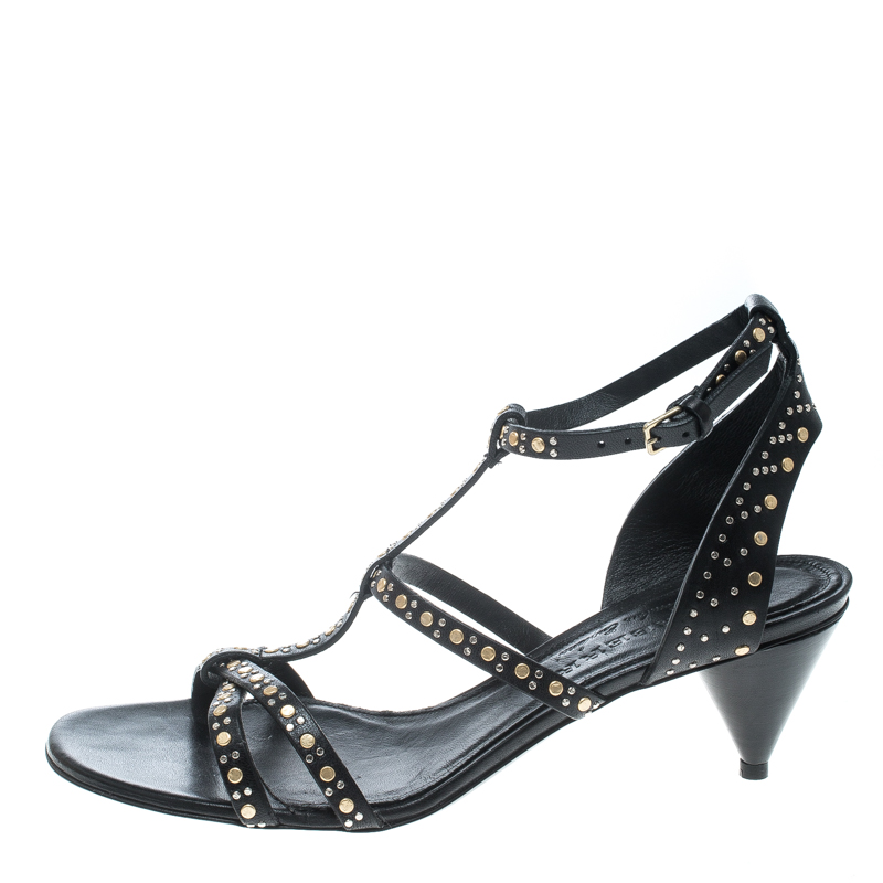 

Burberry Black Leather Studded Hansel Cone Heel T Strap Sandals Size