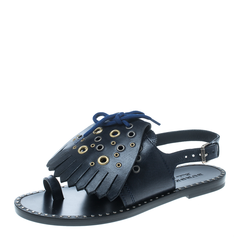Pre Owned Burberry Navy Blue Leather Kiltie Fringe Eyelet Detail Flat Sandals Size 37