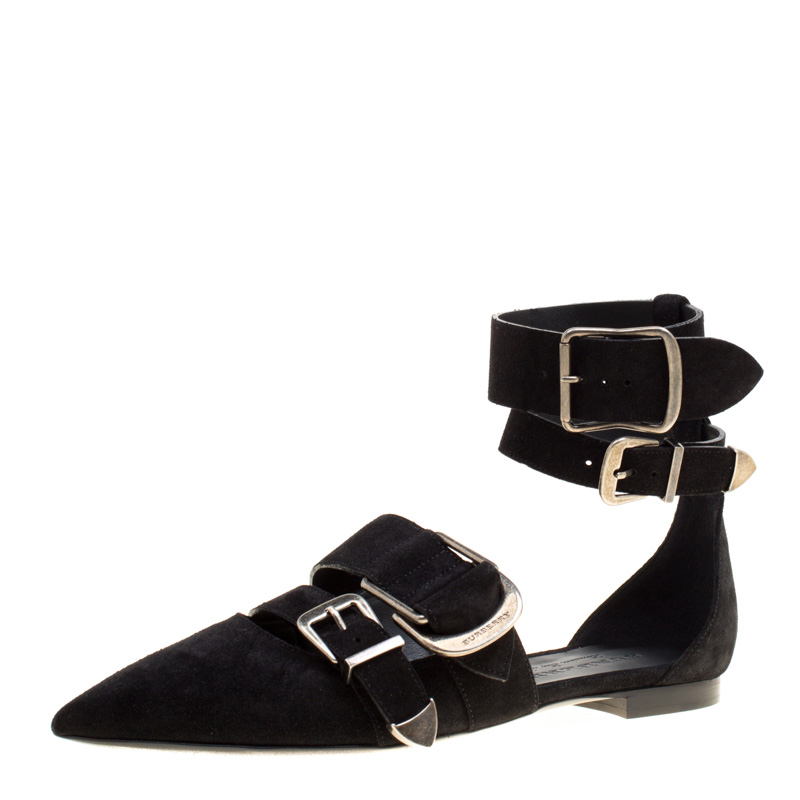 Burberry Black Suede Monroe Ankle Cuff Pointed Toe Flats Size 39