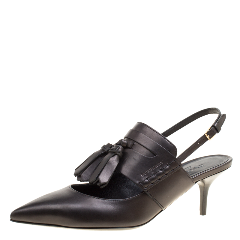 مملوكة مسبقًا Burberry Black Leather Colebert Cut Out Pointed Toe Tassel Detail Slingback Sandals Size 38.5