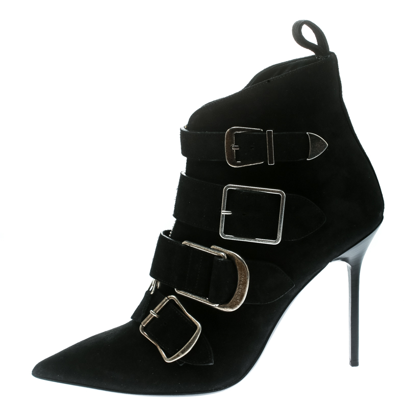 

Burberry Black Suede Milner Buckle Detail Pointed Toe Ankle Boots Size