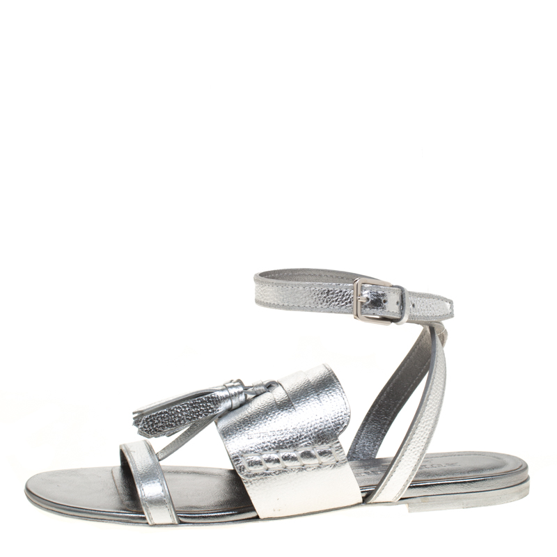 

Burberry Metallic Silver Leather Bethany Tassel Detail Flat Sandals Size