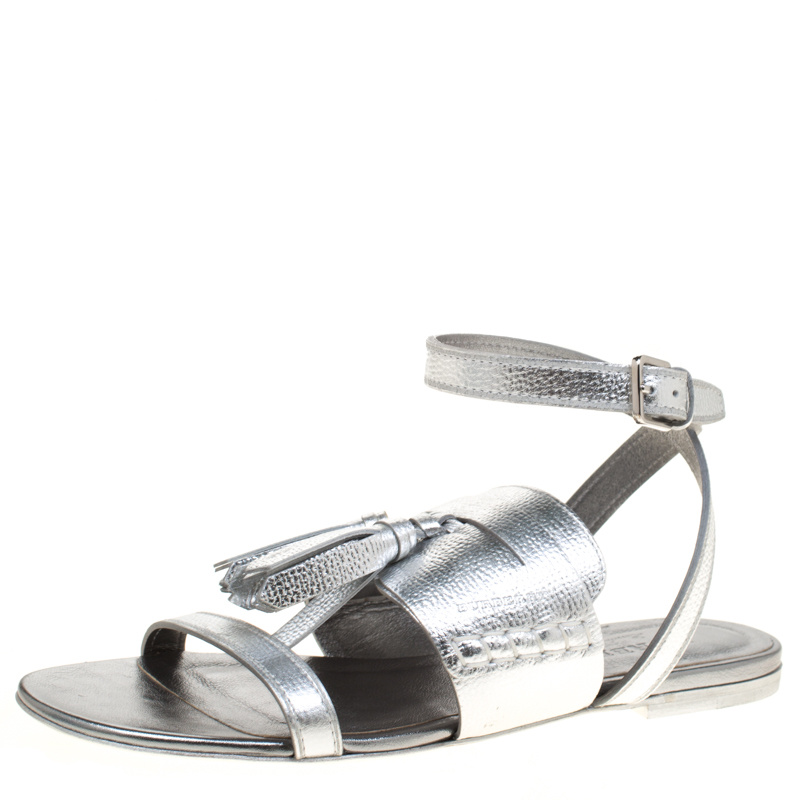 silver leather flat sandals