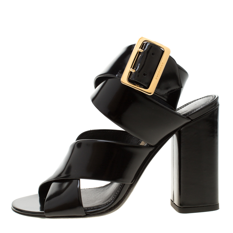 

Burberry Black Leather Blaine Trench Buckle Cross Strap Block Heel Sandals Size