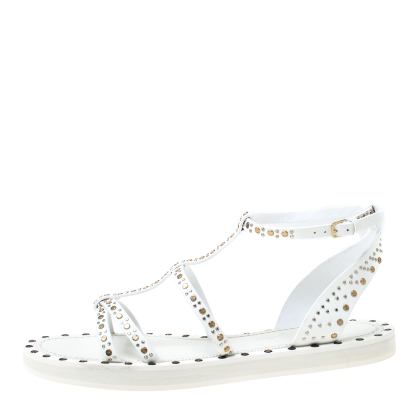 

Burberry White Studded Leather Hansel T-Strap Flat Sandals Size