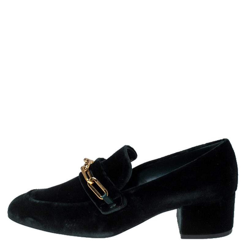 

Burberry Dark Green Chain Detail Velvet Chillcot Pumps Size