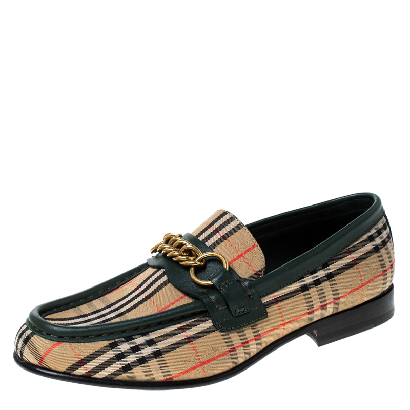 Pre Owned Burberry Green Leather And Beige Check Canvas Moorley Loafers Size 36.5