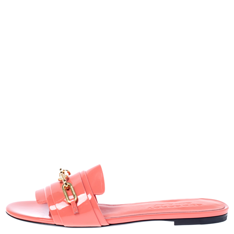 

Burberry Coral Orange Patent Leather Coleford Flat Slides Size