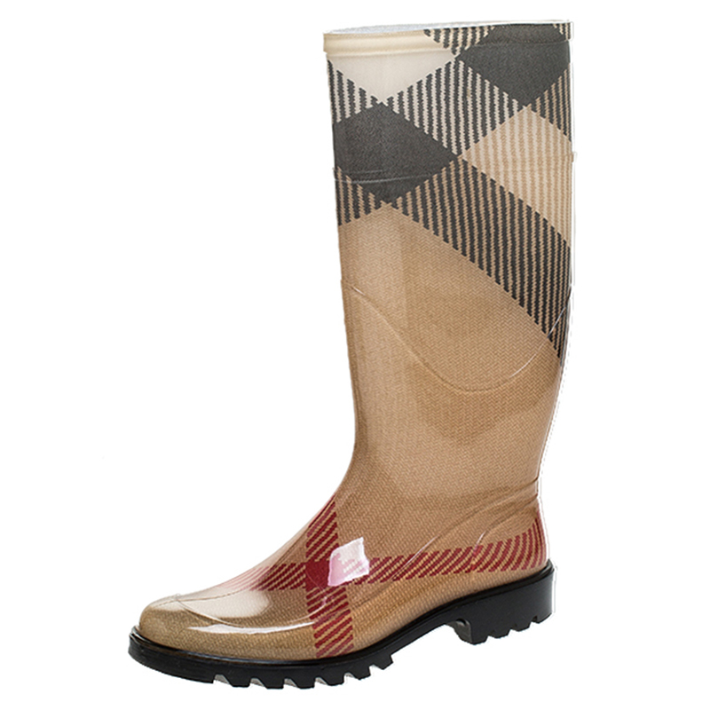 Burberry Beige Check Rubber Rainboots Mid Calf Boots Size 37 Burberry | TLC