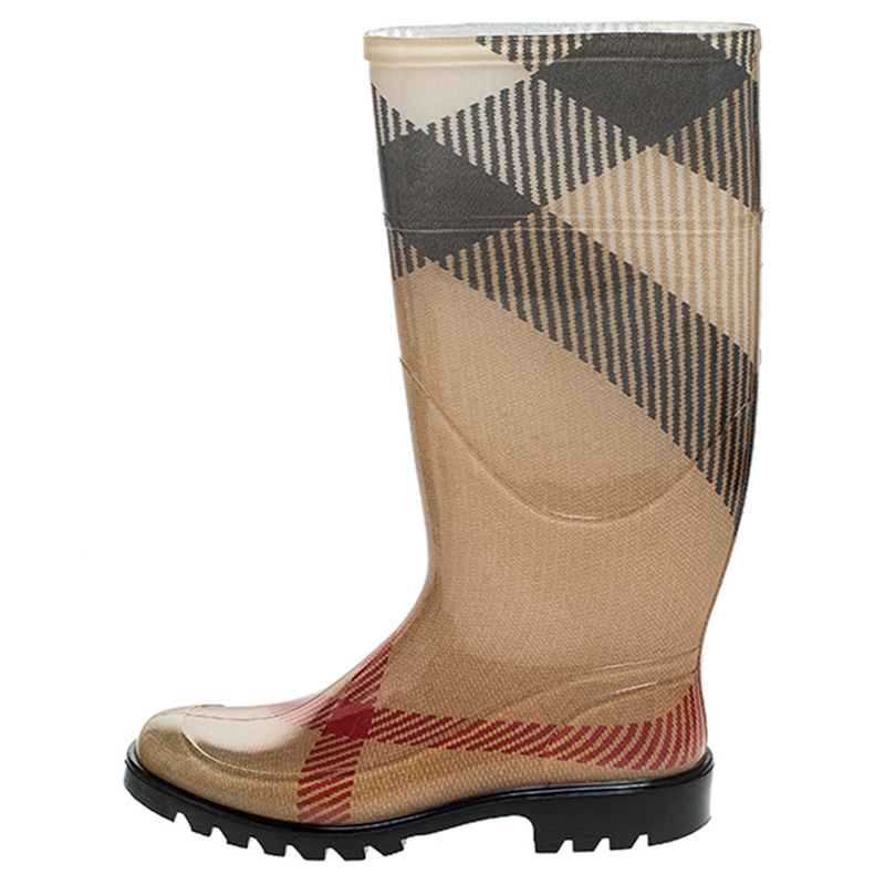 

Burberry Beige Check Rubber Rainboots Mid Calf Boots Size