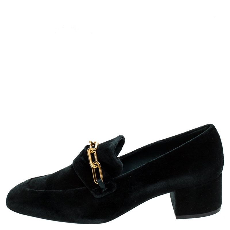 

Burberry Green Velvet Chillcot Chain Detail Slip On Loafers Size