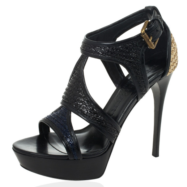 Pre Owned Burberry Prorsum Raffia & Patent Leather Platform Sandals Size 39