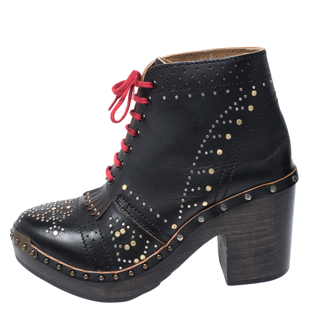 

Burberry Black Studded Leather Antrim Fringe Detail Block Heel Clog Ankle Boots Size