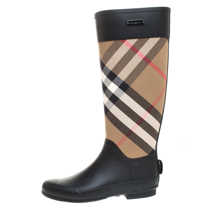 

Burberry Black/Beige House Check Fabric And Rubber Clemence Rain Boots Size
