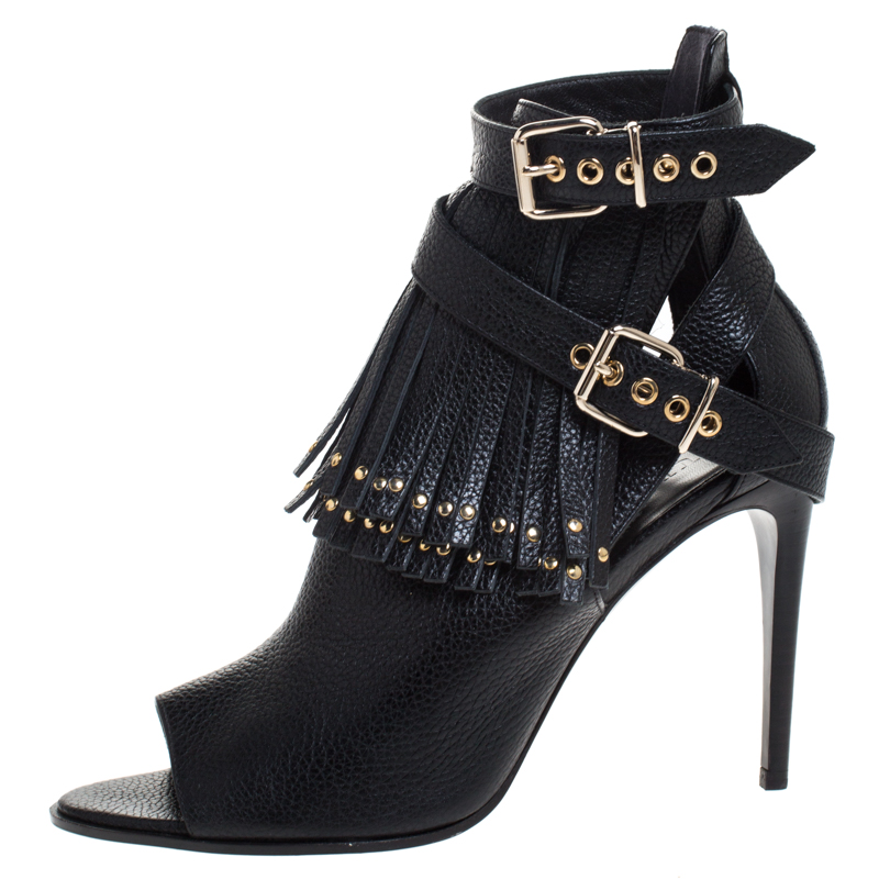 

Burberry Black Leather Overfield Fringe Open Toe Ankle Boots Size
