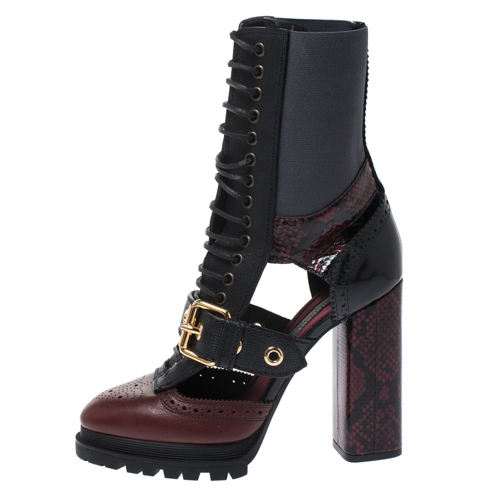 

Burberry Black/Burgundy Leather and Snakeskin Water Marsh Ankle Boots Size