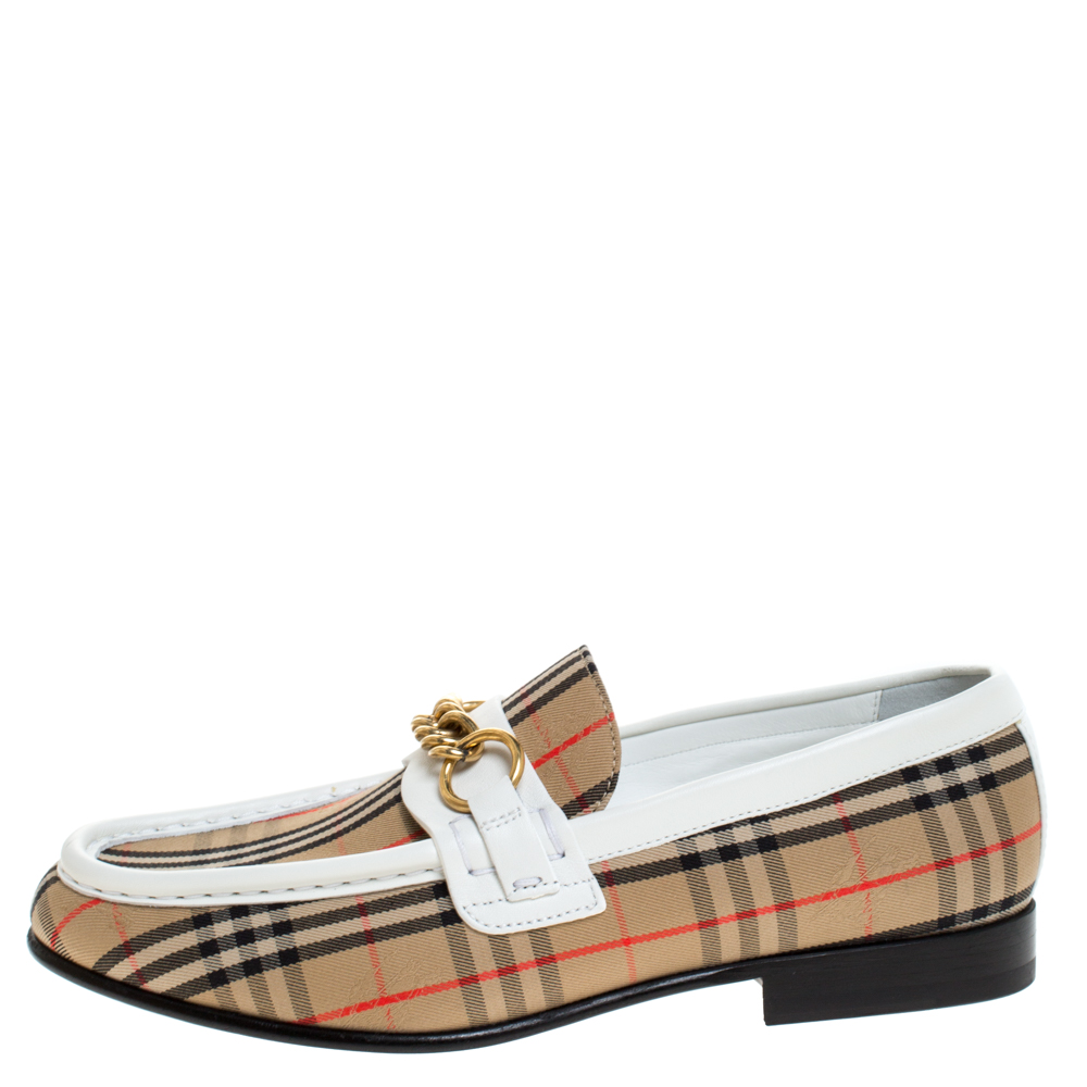 

Burberry Beige/White Nova Check Canvas And Leather Moorley Chain Loafers Size