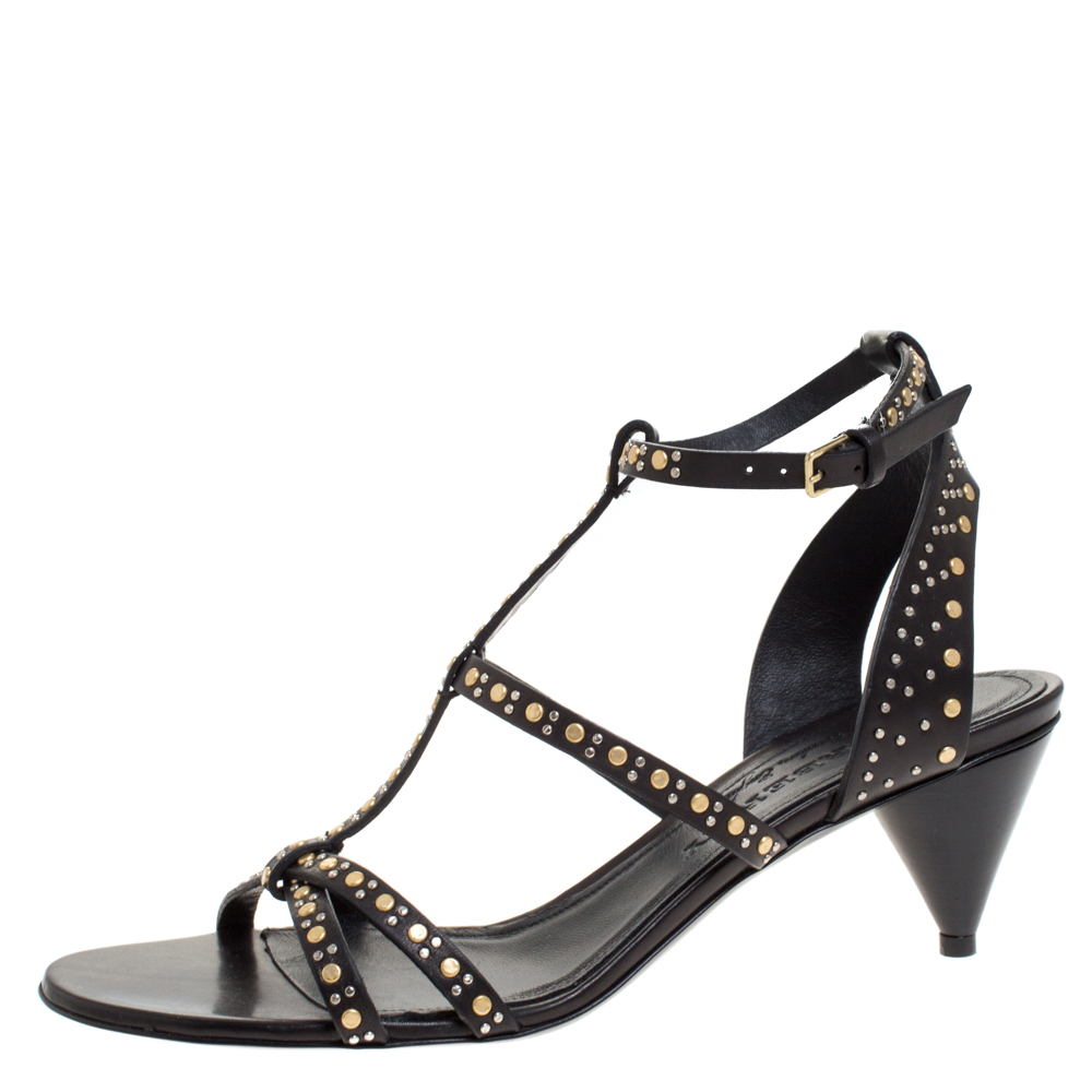 Pre Owned Burberry Black Studded Leather Hansel T Strap Cone Heel Sandals Size 39
