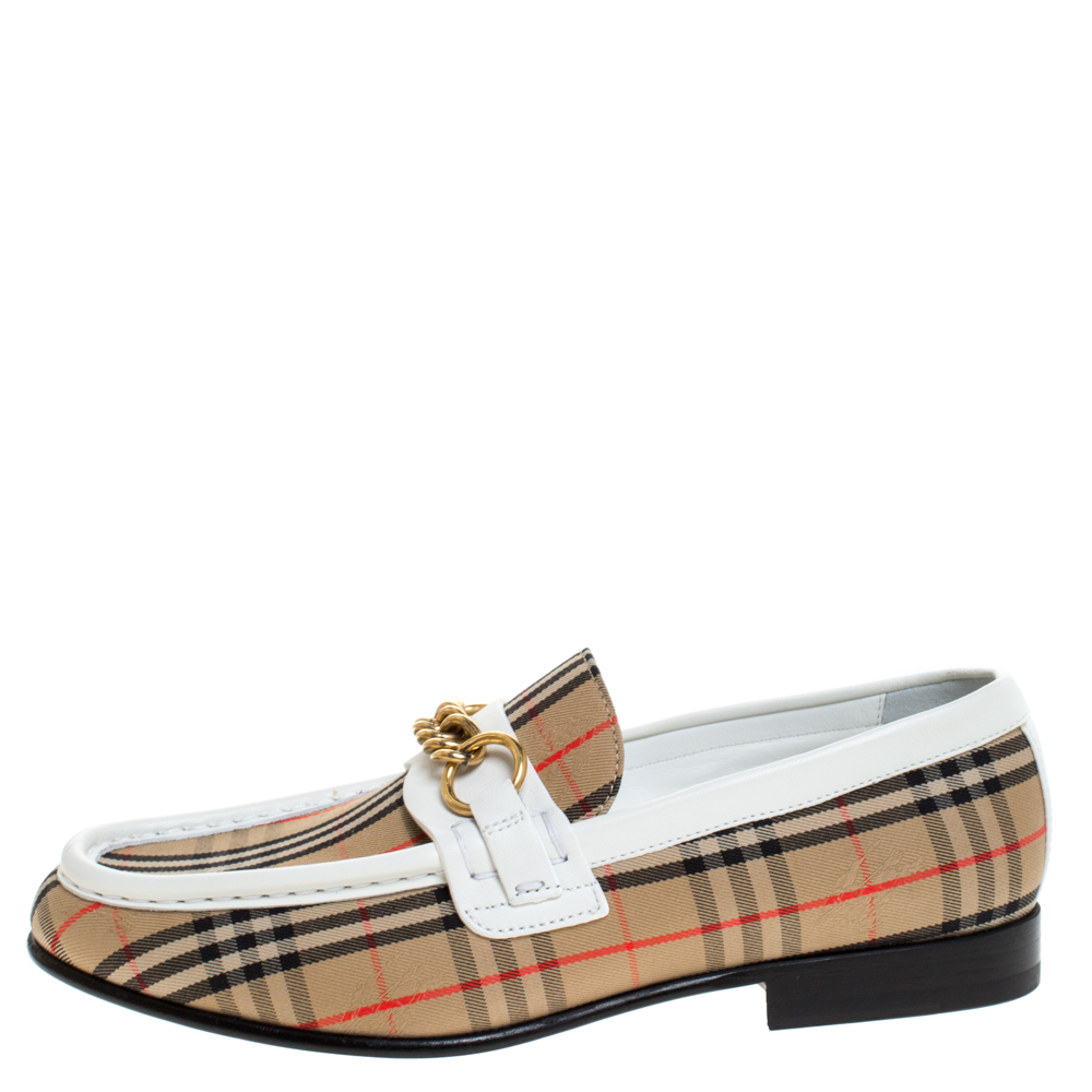 

Burberry Beige/White Nova Check Canvas and Leather Moorley Chain Loafers Size