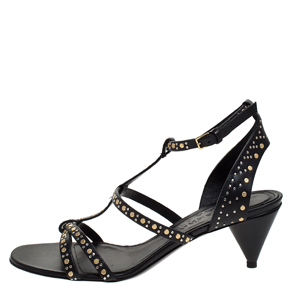 

Burberry Black Studded Leather Hansel 55 T Strap Sandals Size