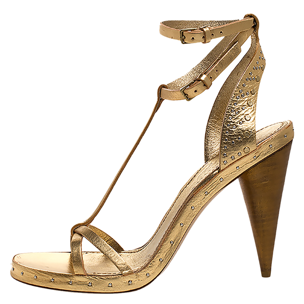 

Burberry Metallic Gold Leather Runway Hans T Strap Sandals Size