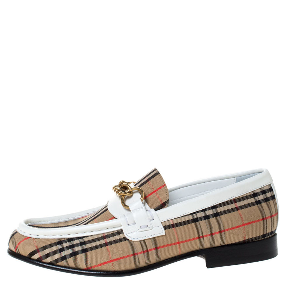 

Burberry Beige/White Nova Check Canvas and Leather Moorley Chain Loafers Size