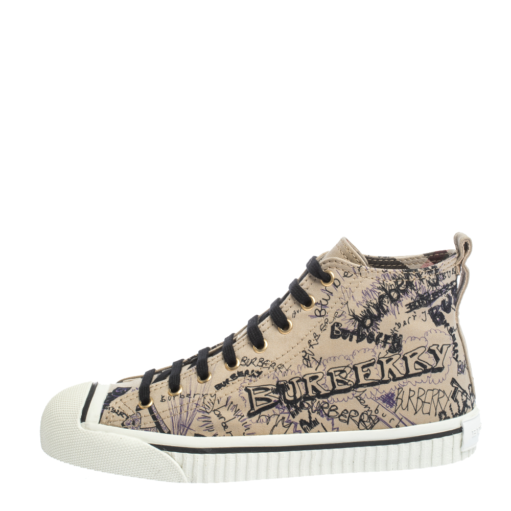 

Burberry Beige Canvas Kingly Print High Top Sneakers Size