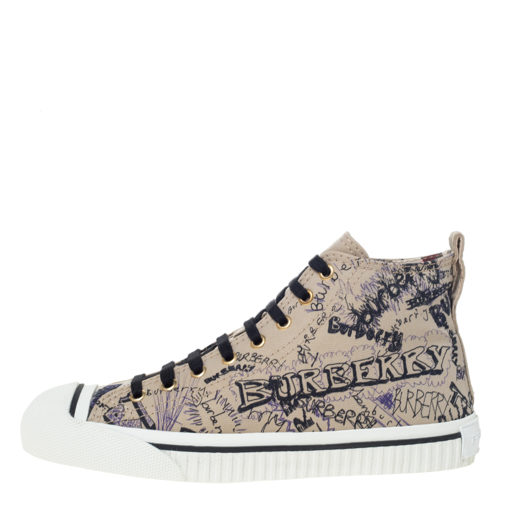 

Burberry Beige Canvas Kingly Print High Top Sneakers Size