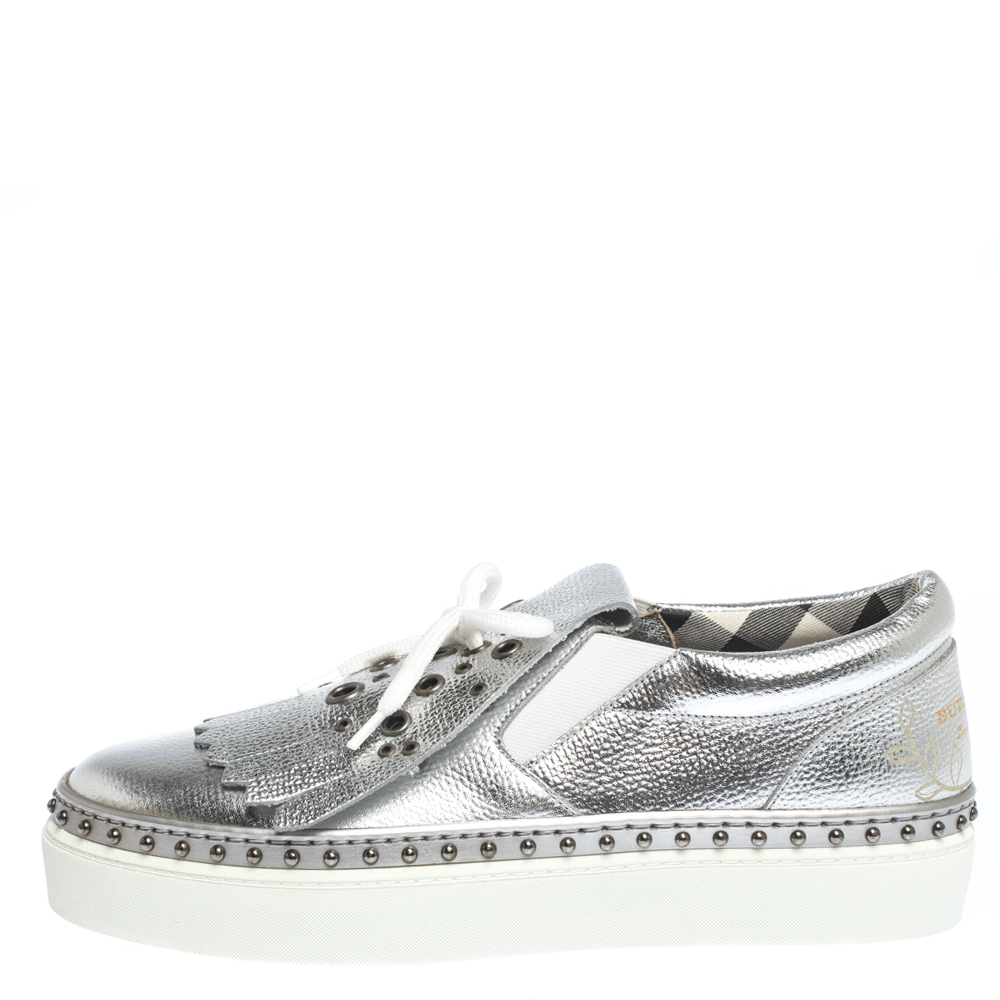 

Burberry Metallic Silver Kiltie Fringe Detail Slip On Sneakers Size