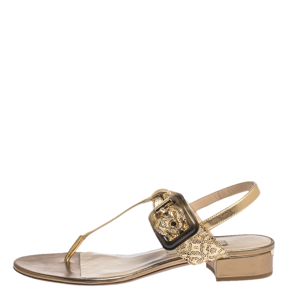 

Burberry Gold Laser Cut Leather Ceilab Ankle Strap Thong Sandals Size