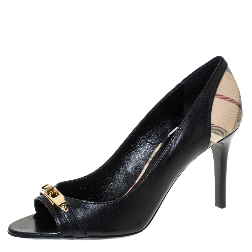Burberry Black Leather And Nova Check Canvas Bayning Open Toe Pumps Size 37