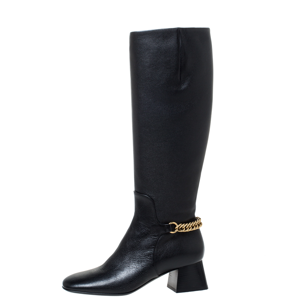 

Burberry Black Leather Chain Embellished Knee High Boots Size