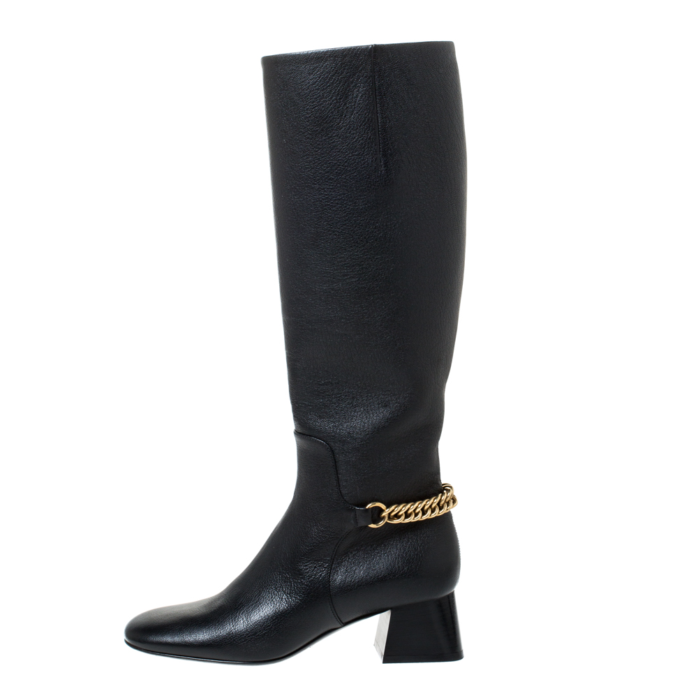 

Burberry Black Leather Chain Embellished Knee High Boots Size