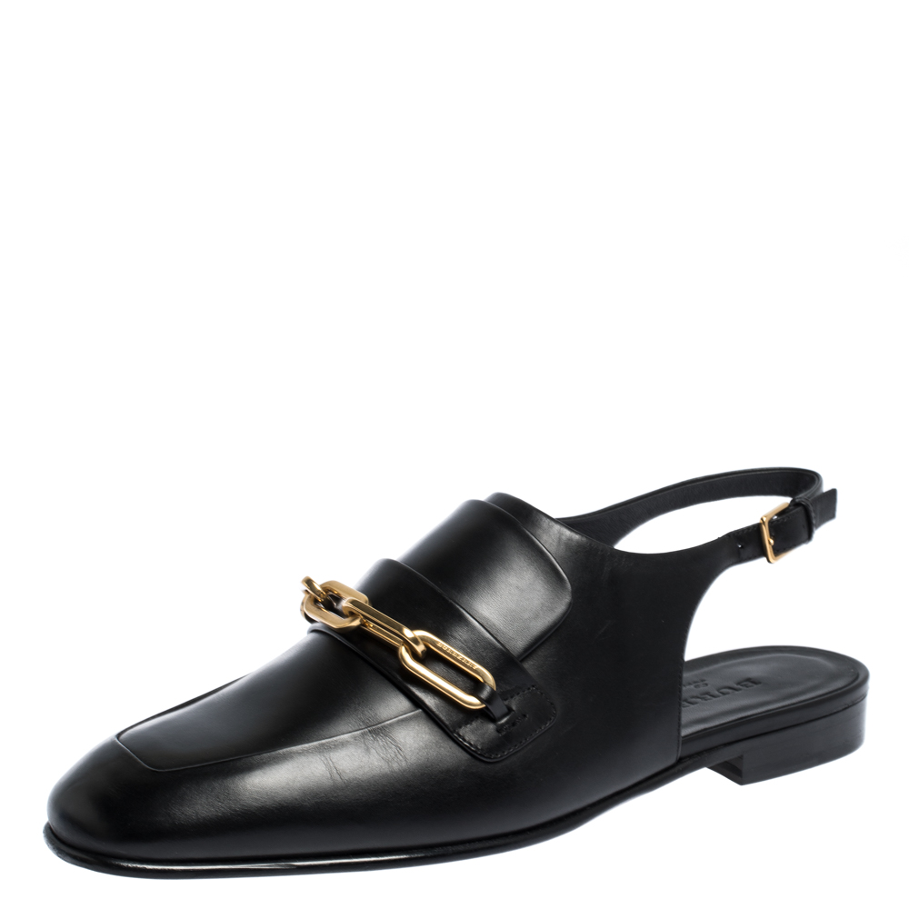 مملوكة مسبقًا صندل بربري لوفر فتحة كعب تفاصيل سلسلة شلتاون جلد أسود مقاس 37