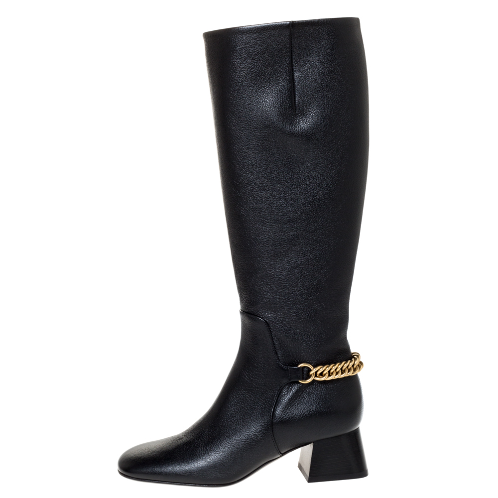 

Burberry Black Leather Chain Detail Knee Length Boots Size
