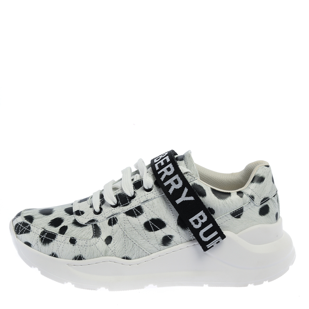 

Burberry White/Black Cheetah Print Leather Ronnie Sneakers Size