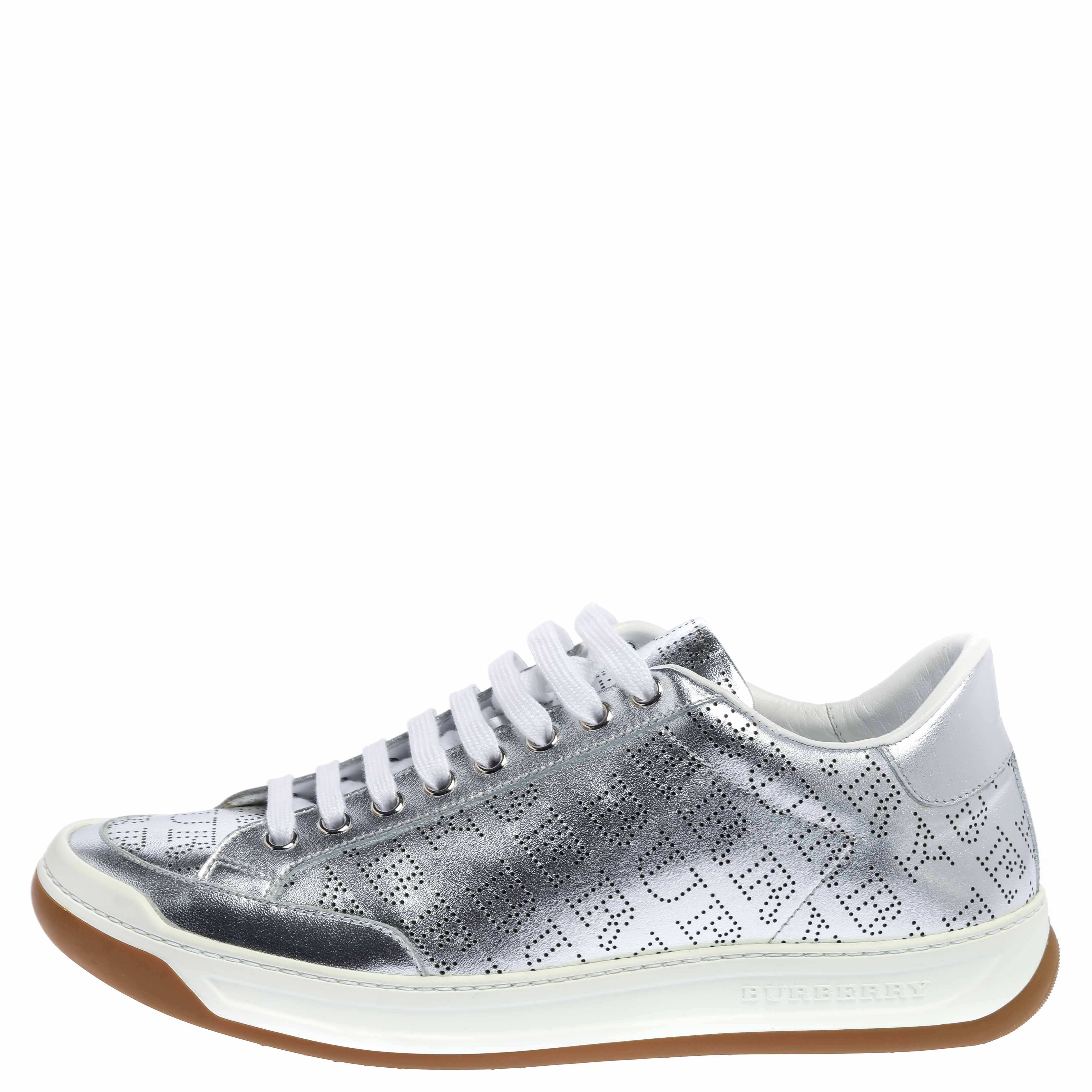 

Burberry Silver Perforated Leather Timsbury Low Top Sneakers Size