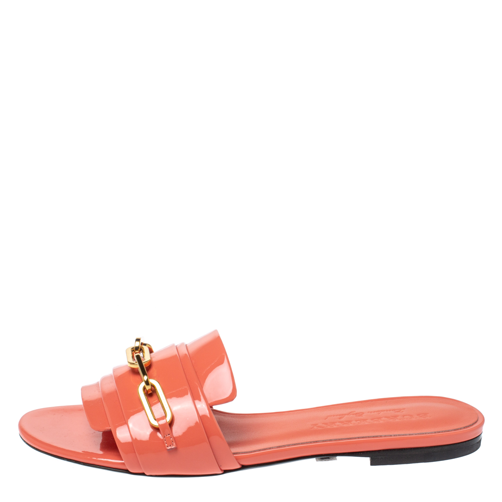 

Burberry Coral Orange Patent Leather Coleford Flat Slides Size