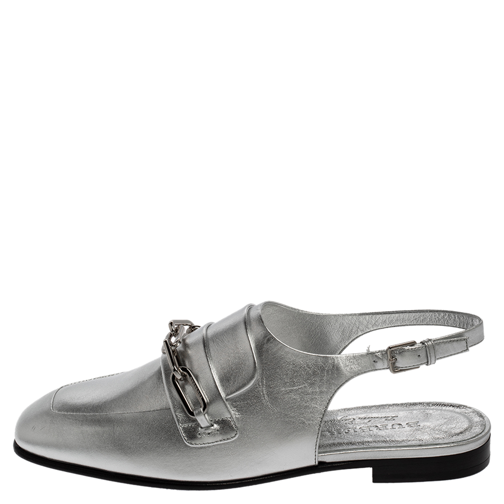 

Burberry Silver Leather Cheltown Slingback Flat Sandals Size
