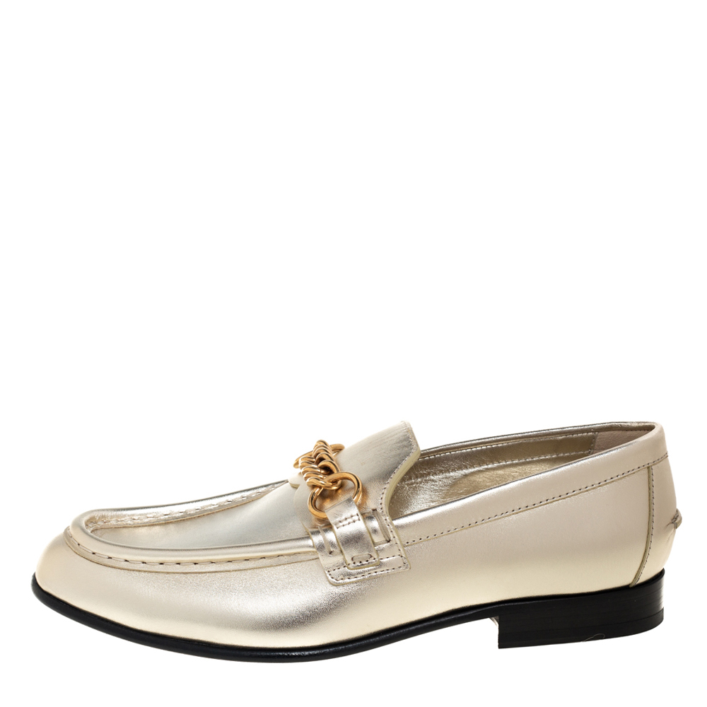 

Burberry Metallic Gold Leather Solway Chain Detail Slip On Loafers Size